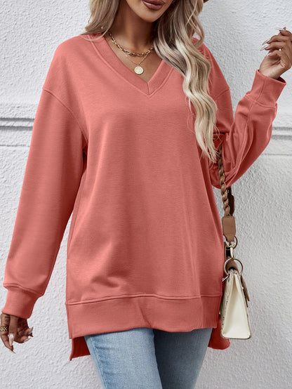 Solid Color And V-neck Split Front Short Back Long Sweater - Cruish Home