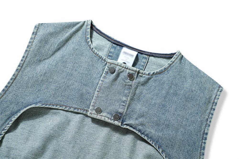 Denim Vest Men's Loose Casual High Street Patchwork Round Neck Coat - Cruish Home