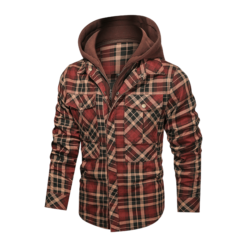 Men Long-sleeved Plaid Jacket Regular Fit Fleece Detachable Hoodies Jackets - Cruish Home