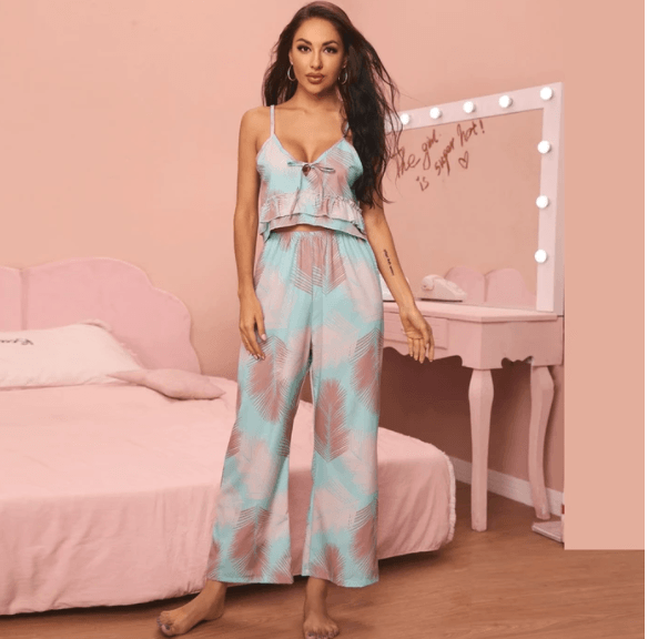 V-neck Sling Print Comfortable Pajama Set - Cruish Home