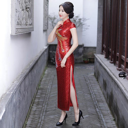 Improved Cheongsam Autumn Winter Red Wedding Mother's Clothing Long Short Sleeve Split Phoenix Ethnic Style Dress - Cruish Home