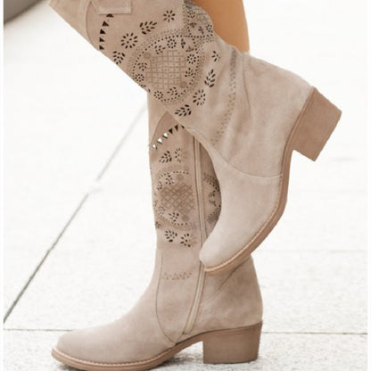 Autumn And Winter Mid Heel Suede Burnt Flower 40-43 Side Zipper High Boots, Female