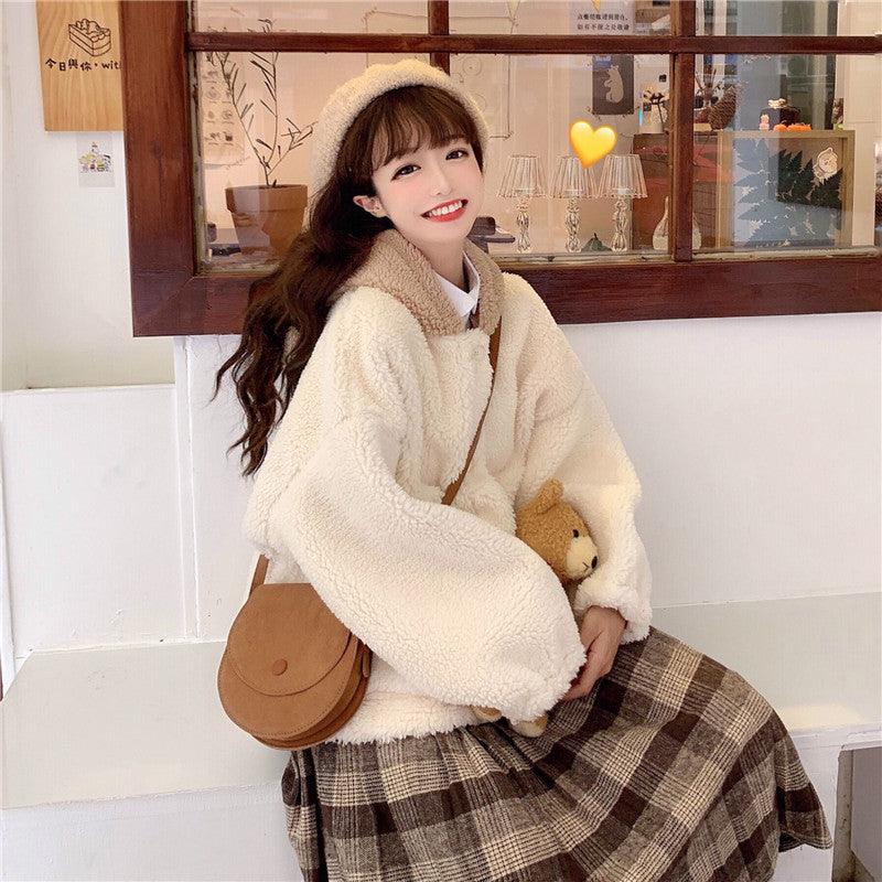 Cute Bear Ear Coat For Women Lamb Wool Winter Cardigan Top - Cruish Home