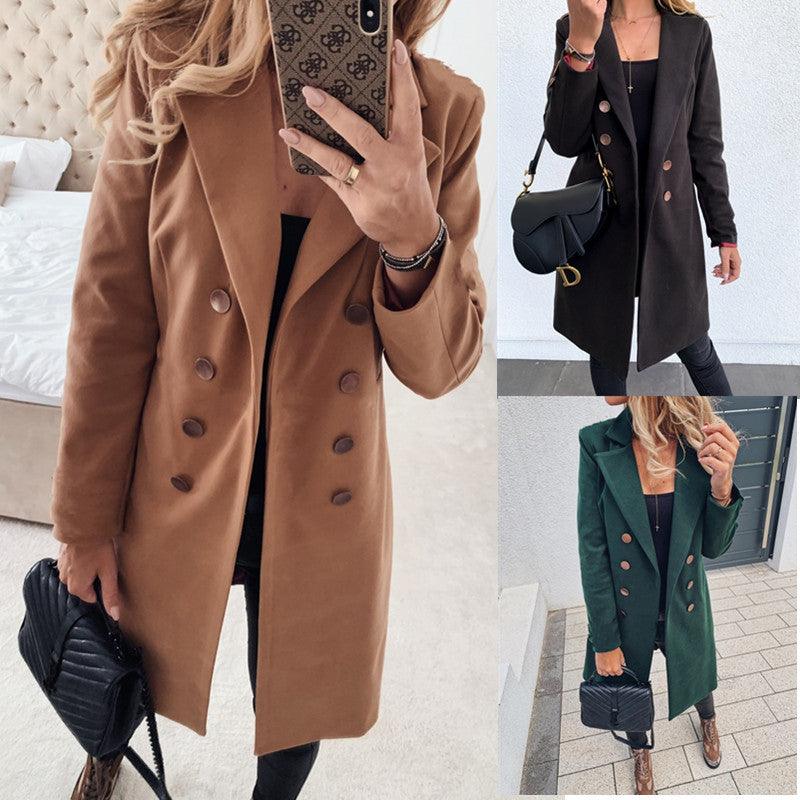 Solid color double breasted woolen coat - Cruish Home