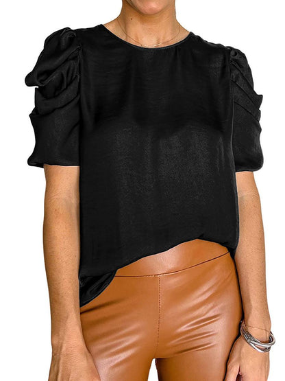 Solid Color Pleated Fluffy Satin Shirt - Cruish Home