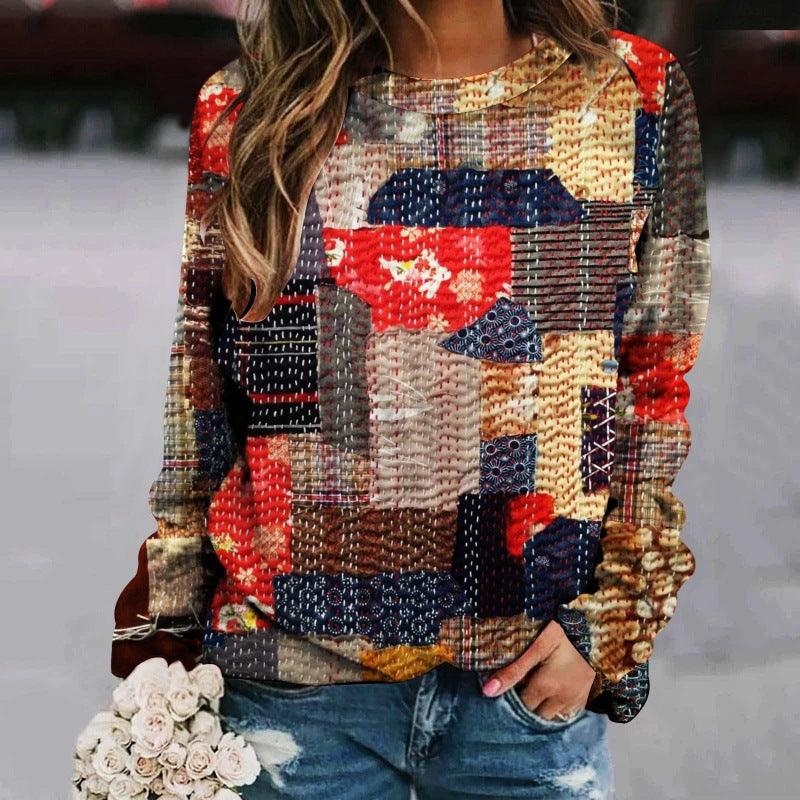 Printed Patchwork Round Neck Raglan Long Sleeve Women's Sweater - Cruish Home