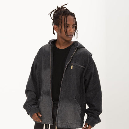 Hooded Denim Men's Spring And Autumn High Street Fashion Design Pleated Sleeve Tooling Zipper Jacket - Cruish Home