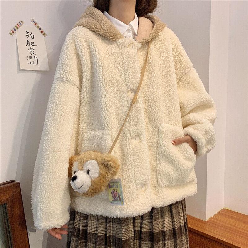 Cute Bear Ear Coat For Women Lamb Wool Winter Cardigan Top - Cruish Home