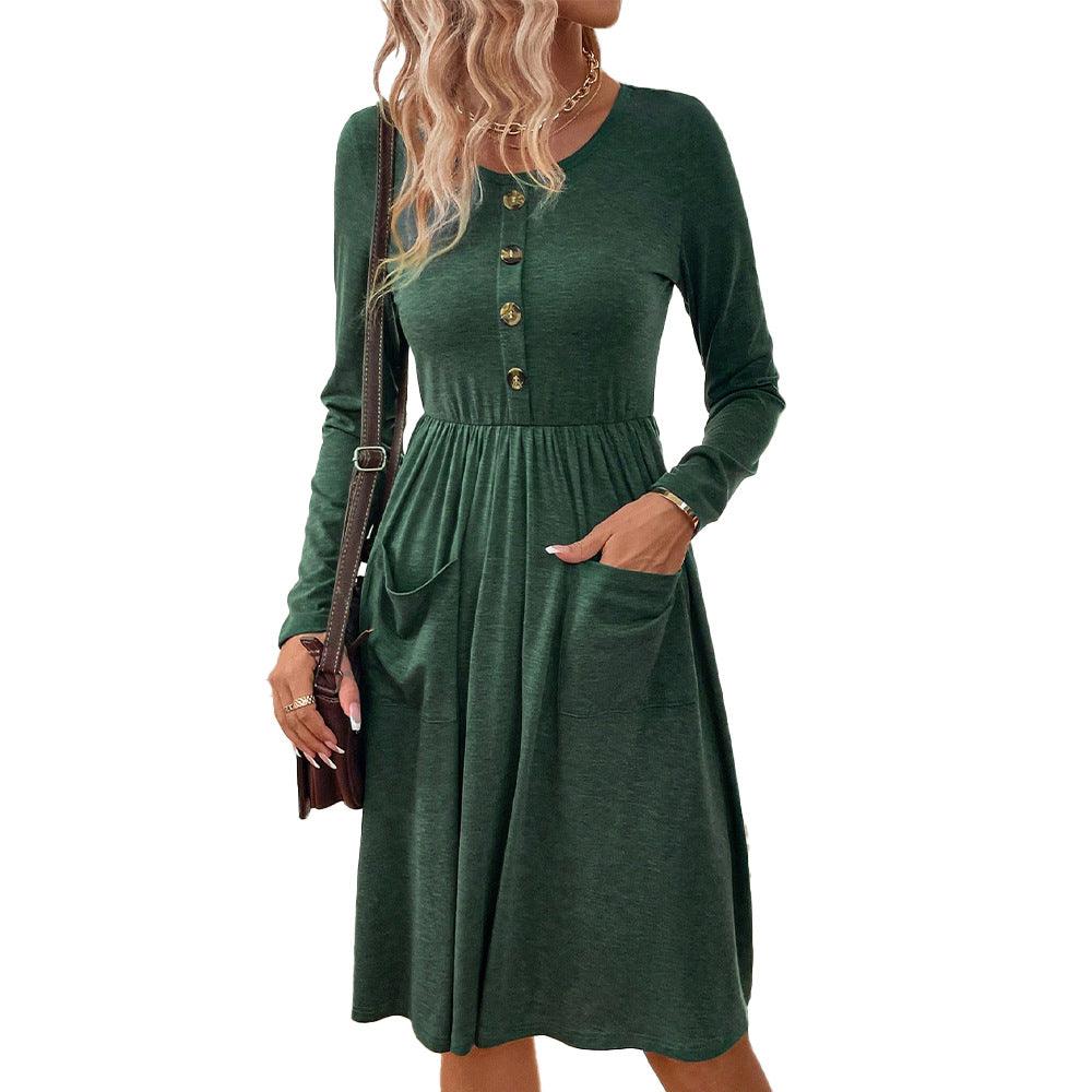 Waist-tight Round Neck Button Pocket Knitted Long-sleeved Dress - Cruish Home