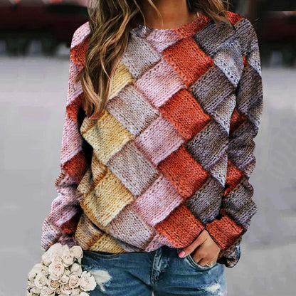 Printed Patchwork Round Neck Raglan Long Sleeve Women's Sweater - Cruish Home