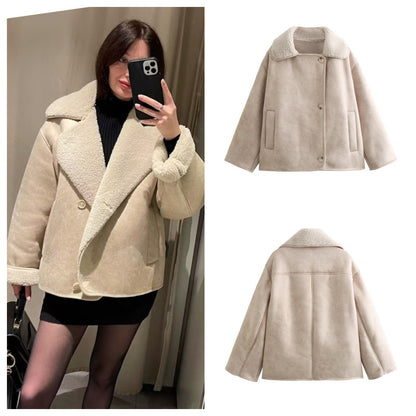 Polo Collar Fur Suede Fleece-lined Warm Coat For Women