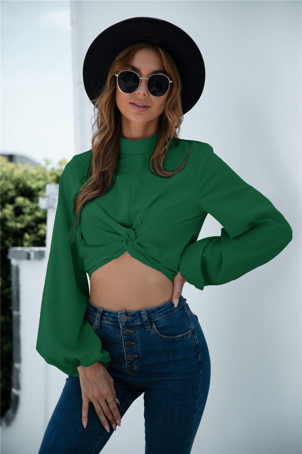 Design Twisted Lantern Sleeve Crop Top - Cruish Home