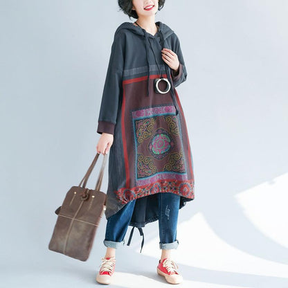 Hooded Sweater Loose Printed Long Dress Gradient Color - Cruish Home