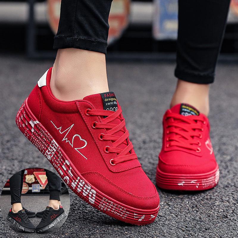 Love Print Canvas Shoes Women Men Flats Lace-up Casual Shoes Lover Sports Shoes Valentines Day - Cruish Home