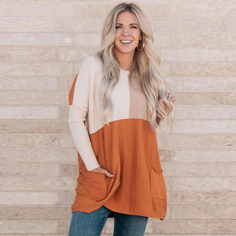 Women's Orange Pocket Color Matching Long-sleeved Top - Cruish Home