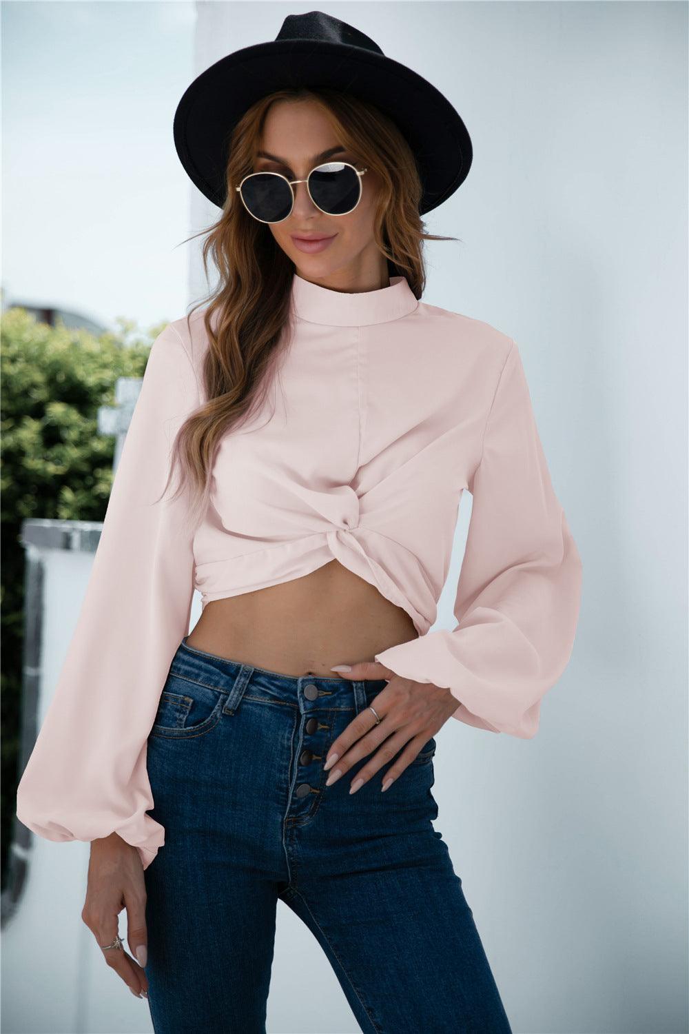 Design Twisted Lantern Sleeve Crop Top - Cruish Home