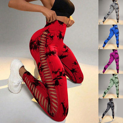 Hollow Tie Dye Printed Yoga Pants High Waist Butt Lift Seamless Sports Gym Fitness Leggings Slim Pants For Women Tight Trousers - Cruish Home