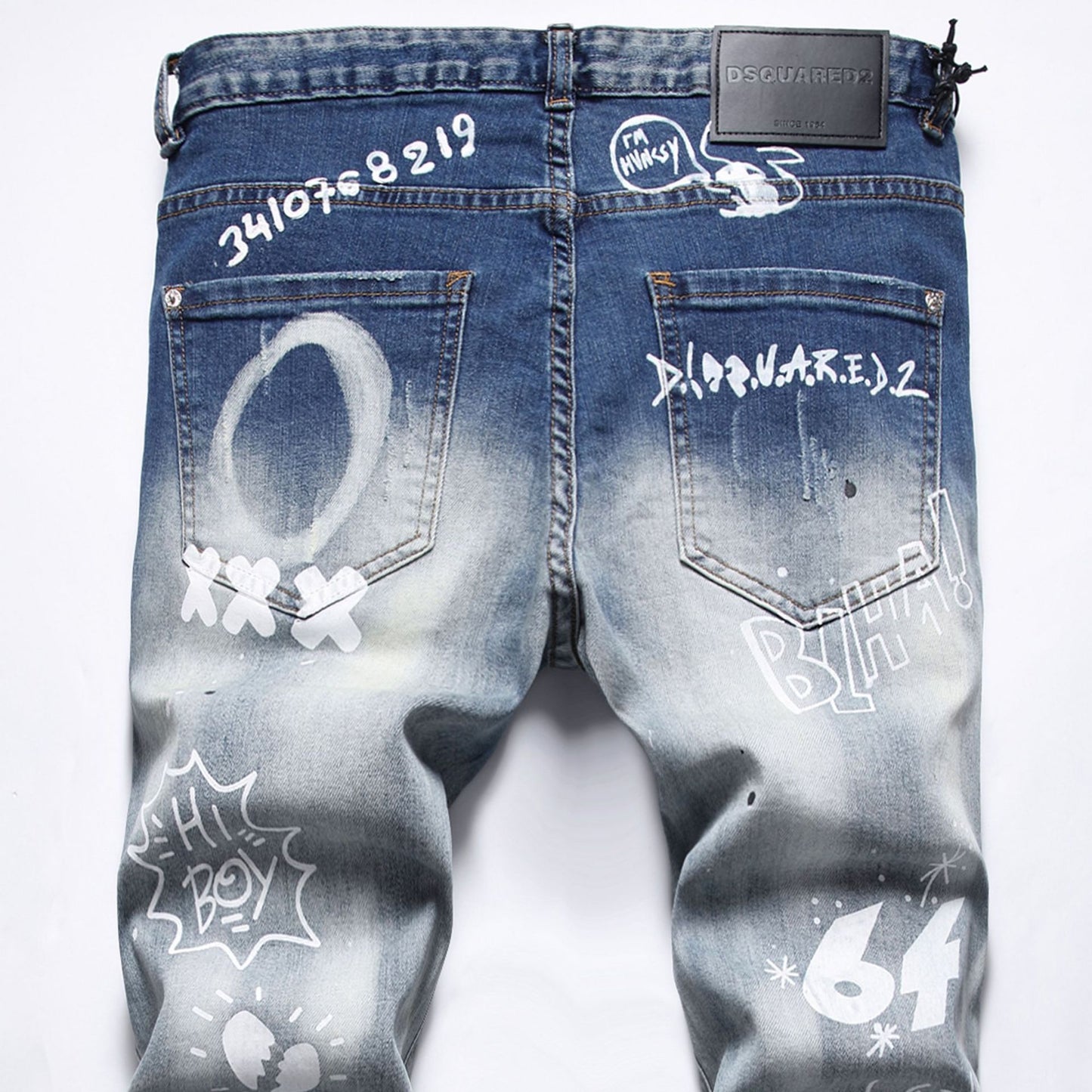 Cloth Liner Patch Random Line Embroidery Hole Digital Printing Stretch Small Straight-leg Jeans