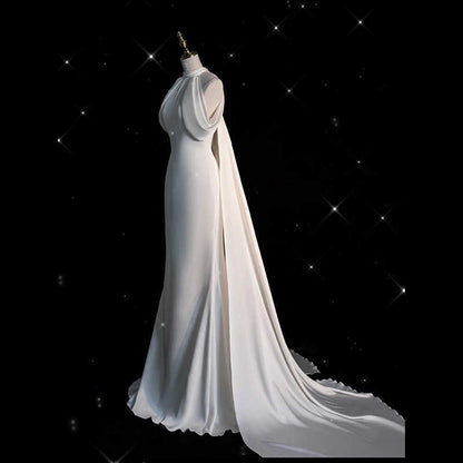 Halter Light Wedding Dress Satin Simple Trailing Fishtail Gown