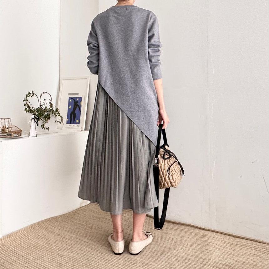 Autumn Elegance Retro Round Neck Irregular Design Loose Casual Patchwork Pleated Dress Women - Cruish Home