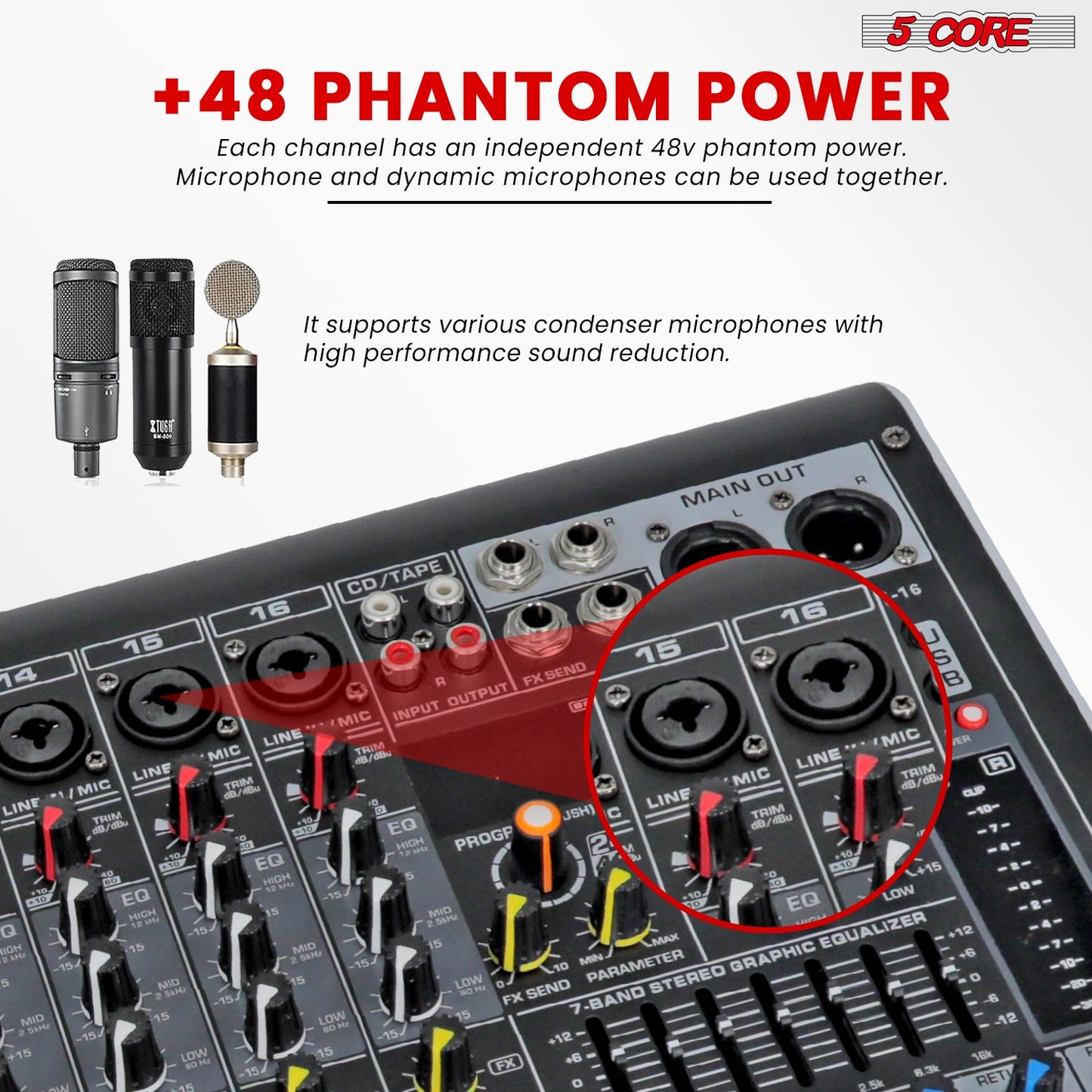 5Core Audio Mixer 16 Channel DJ Mixing Board Bluetooth USB Analog