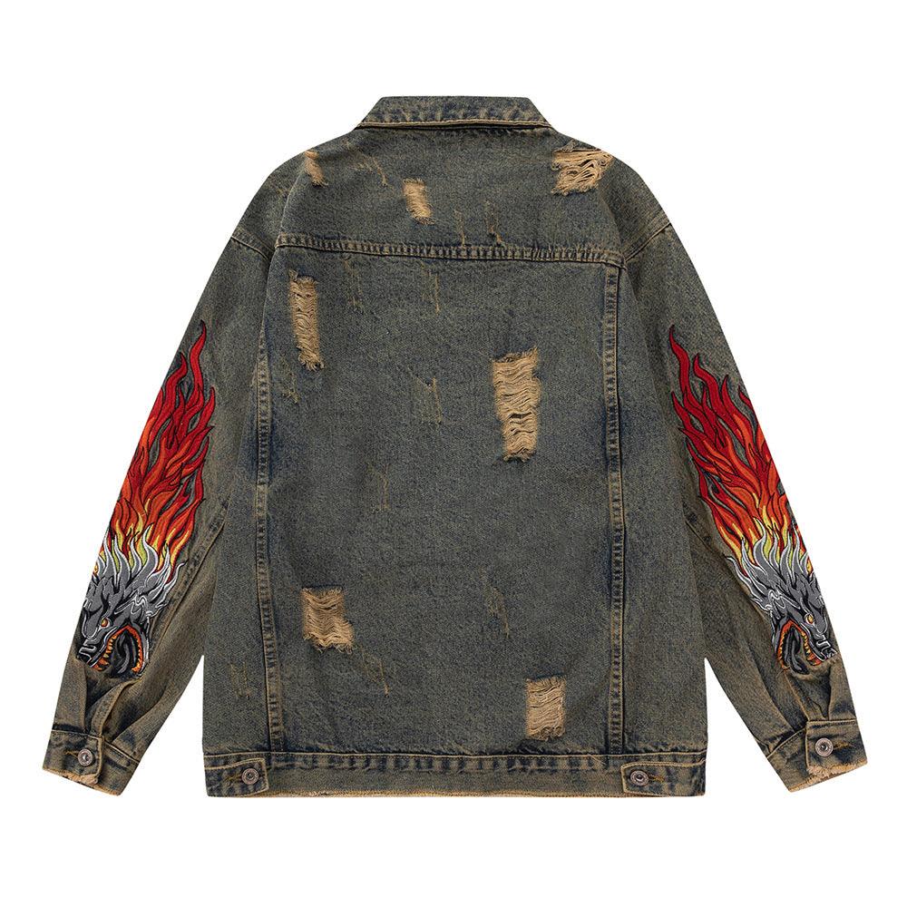 Faucet Zodiac Needle Embroidery Denim Jacket Men's High Street National Fashion Design Sense Ripped Jacket - Cruish Home