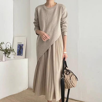 Autumn Elegance Retro Round Neck Irregular Design Loose Casual Patchwork Pleated Dress Women - Cruish Home