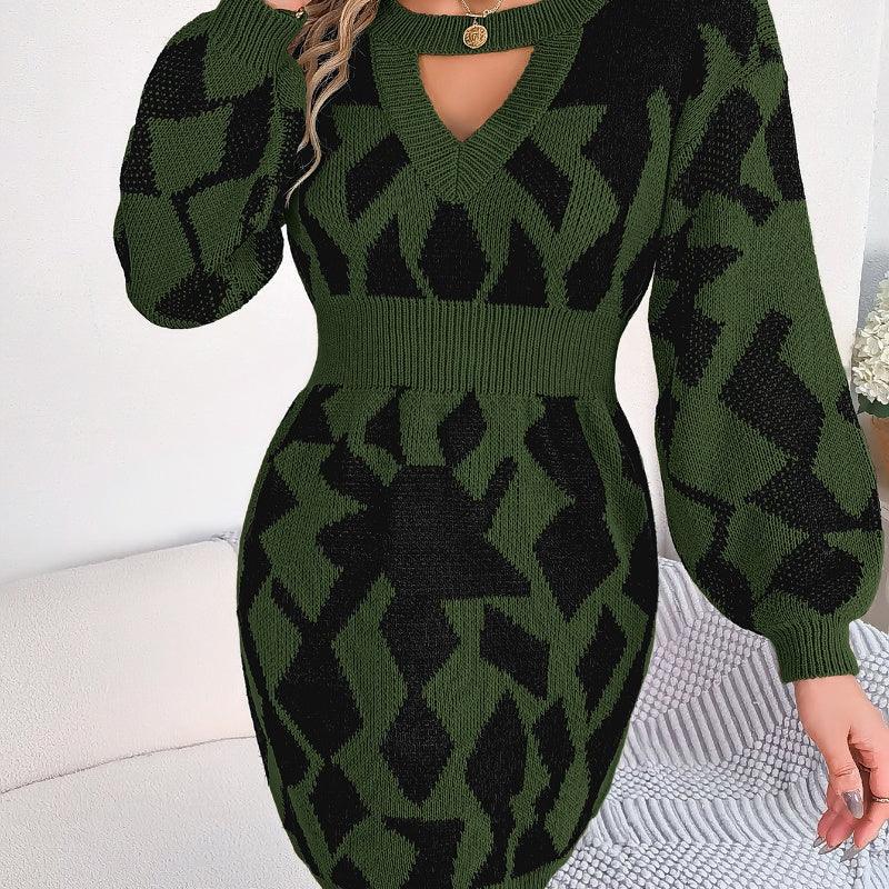 Color Matching Hollow Out Lantern Sleeve Fitted Waist Sweater Dress - Cruish Home