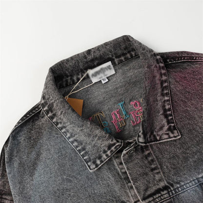 Colored String Spray Embroidery Denim Coat Tie-dyed Washed And Worn Loose - Cruish Home