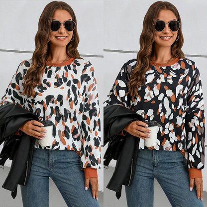 Women's Round Neck Drop-shoulder Lantern Sleeve Printed Sweater - Cruish Home