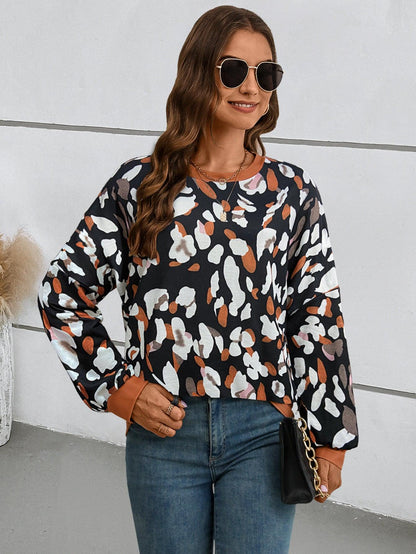 Women's Round Neck Drop-shoulder Lantern Sleeve Printed Sweater - Cruish Home