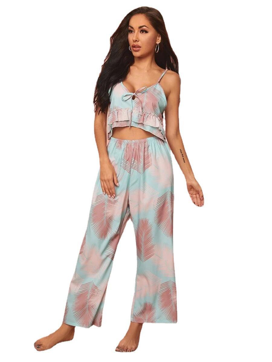 V-neck Sling Print Comfortable Pajama Set - Cruish Home