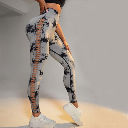 Hollow Tie Dye Printed Yoga Pants High Waist Butt Lift Seamless Sports Gym Fitness Leggings Slim Pants For Women Tight Trousers - Cruish Home