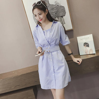 Shirt Striped Fake Two-piece Dress With Belt - Cruish Home