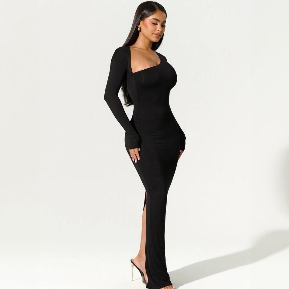 Women's Long Sleeve Diagonal Collar Slim Back Slit Dress - Cruish Home