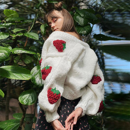 Female Cute Strawberry Loose V-neck Cardigan Sweater - Cruish Home