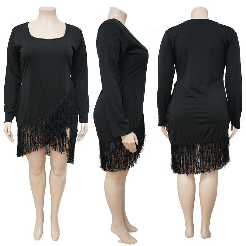 Sexy Solid Color Long-sleeved Fringed Sexy Dress - Cruish Home