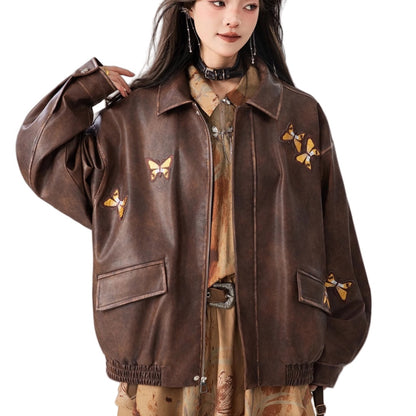 Butterfly Embroidery High-grade Brown Leather Coat