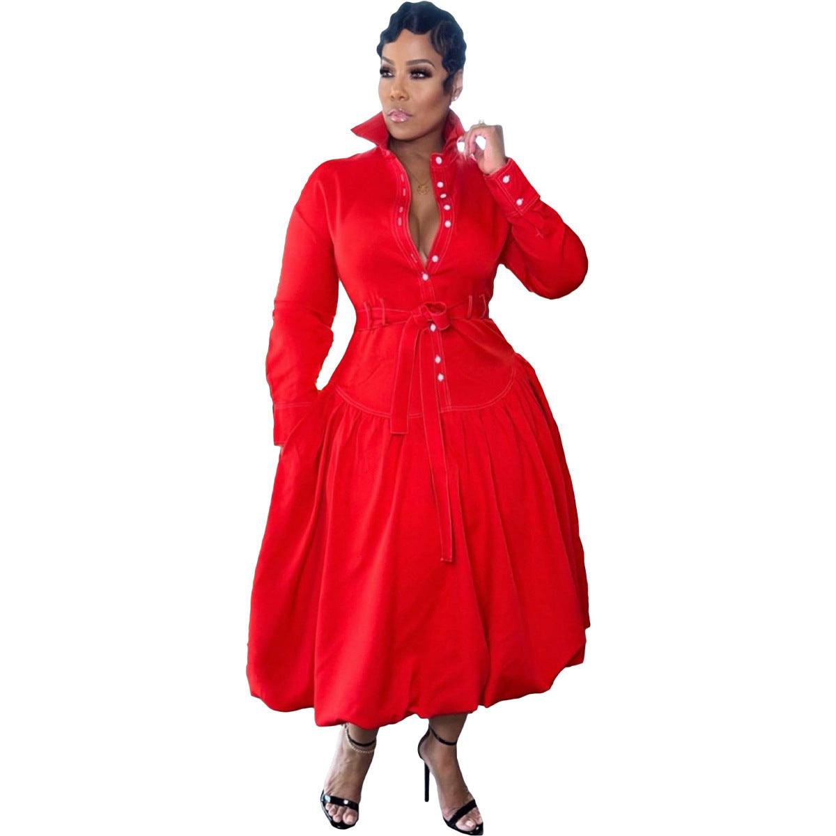 New Solid Color Women's Suits Stand Collar Single-breasted Large Swing Double Layer Dress - Cruish Home