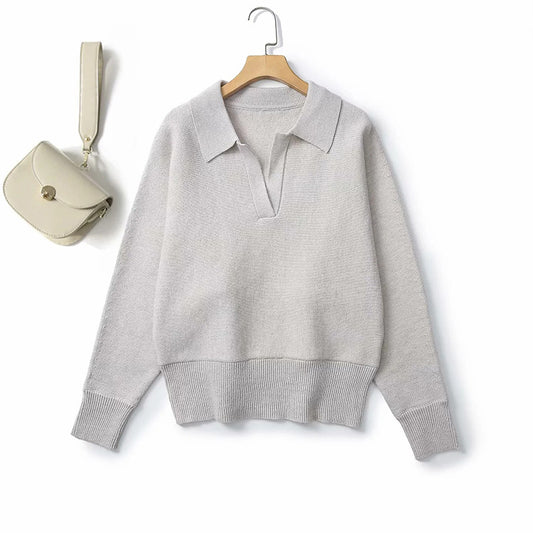 Winter Batwing Sleeve Polo Shirt V-neck Long Sleeve Wool Blended Sweater For Women