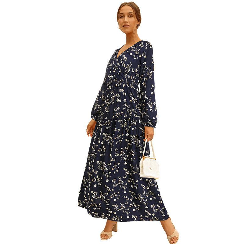 V-neck Long-sleeved Printed Skirt Long Floral Dress - Cruish Home