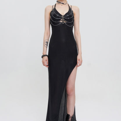 Devil Fashion Women's Wear High Slit Halter Punk Dress