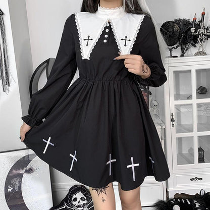 Contrasting color doll collar cross A dress - Cruish Home