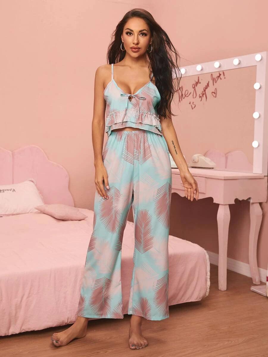 V-neck Sling Print Comfortable Pajama Set - Cruish Home