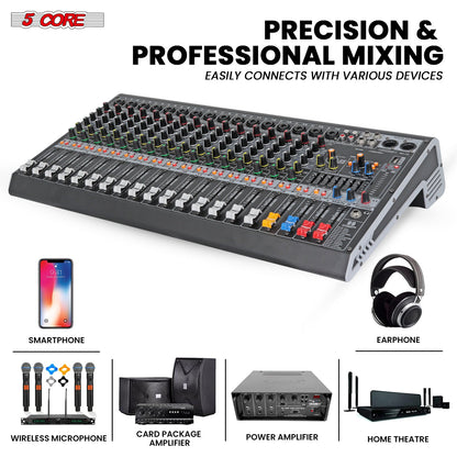 5Core Audio Mixer 16 Channel DJ Mixing Board Bluetooth USB Analog