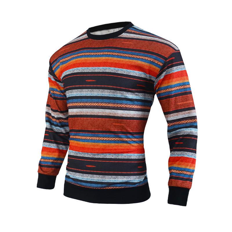 Men's Loose Round Neck Waffle Color Stripe Versatile Casual Bottomed Sweater - Cruish Home