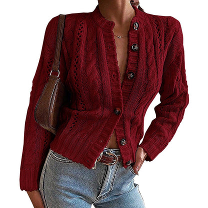 Half-High Collar Single-Breasted Sweater Coat Solid Color Long-Sleeved Cardigan Retro Cardigan Sweater - Cruish Home