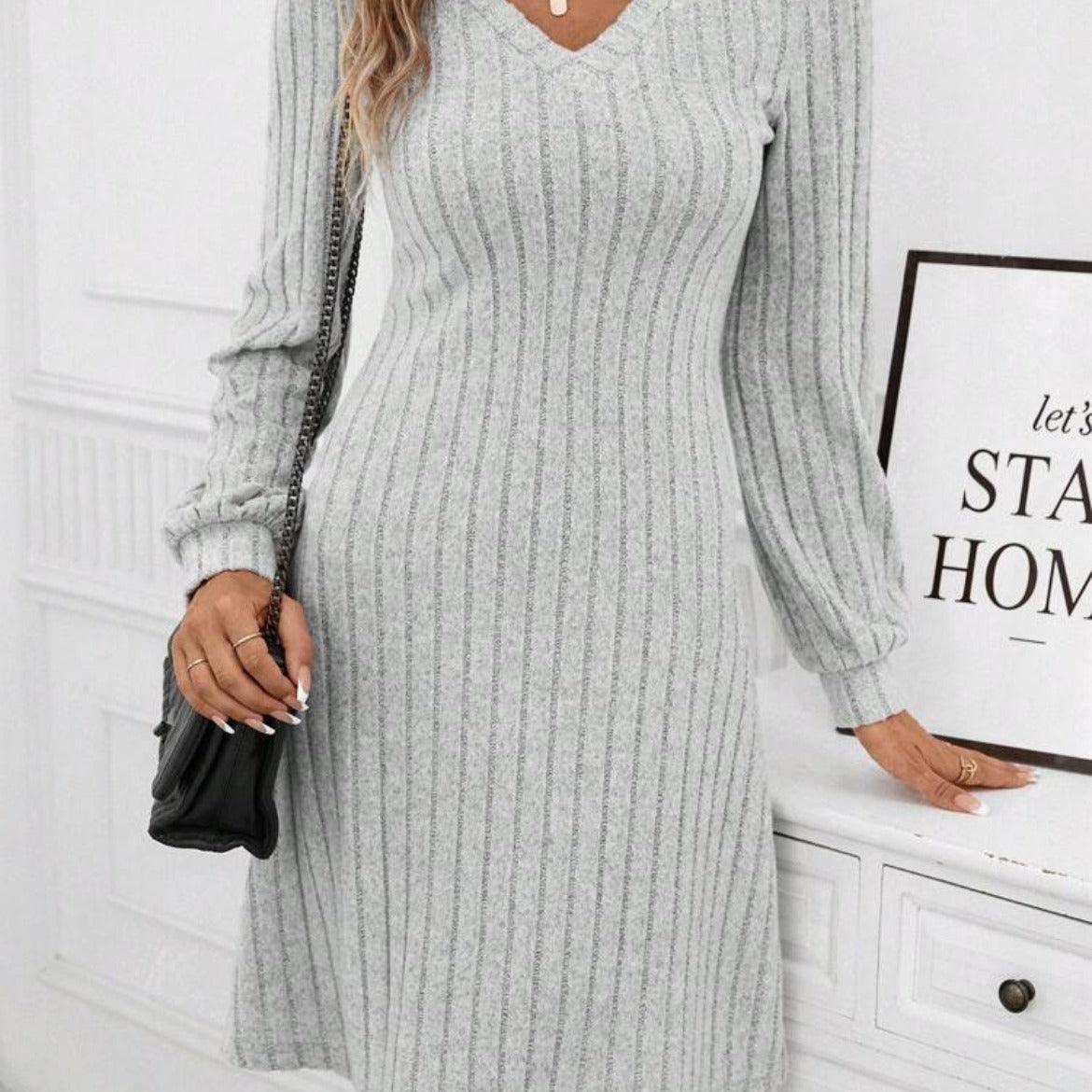 Women's V-neck Long-sleeved Knitted Sunken Stripe Loose Dress - Cruish Home