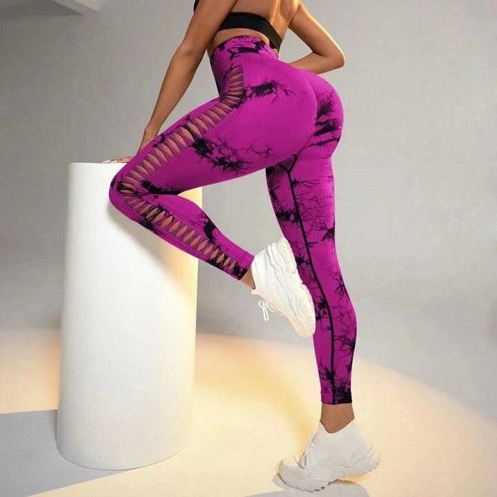 Hollow Tie Dye Printed Yoga Pants High Waist Butt Lift Seamless Sports Gym Fitness Leggings Slim Pants For Women Tight Trousers - Cruish Home