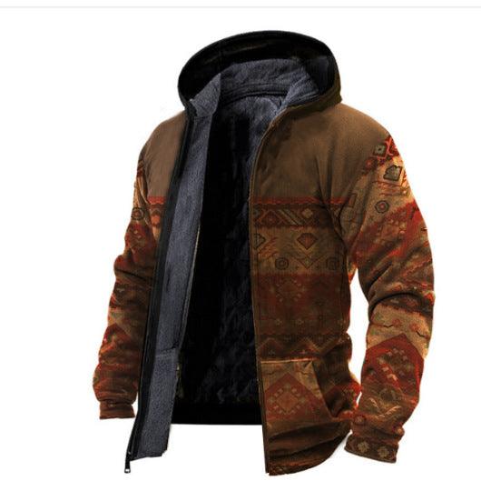 Men's Hooded Plush Printed Long Sleeved Cotton Jacket - Cruish Home